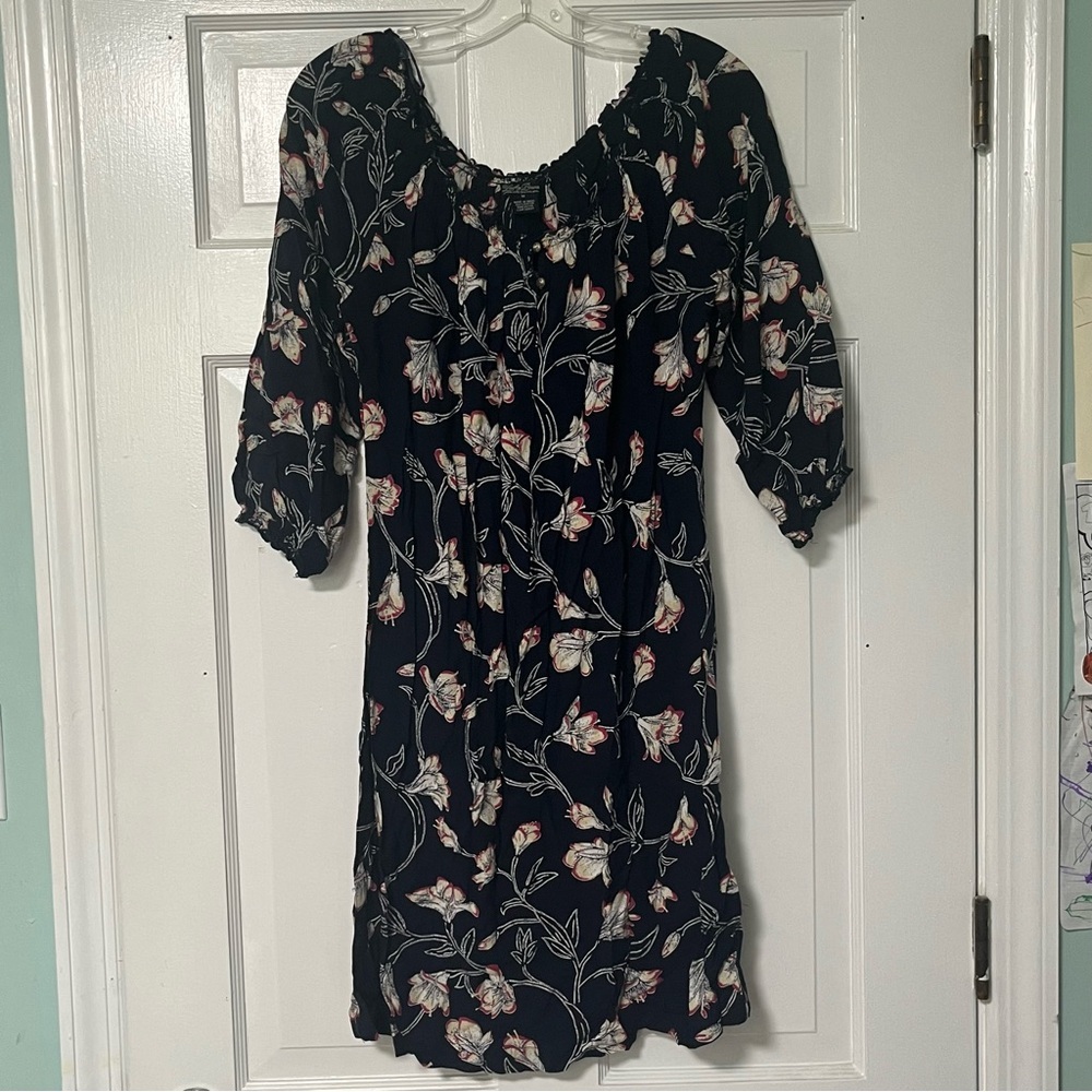 Lucky Brand Black pink Floral quarter Sleeve midi Dress